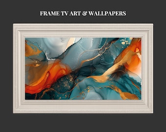 No1: Digitale Kunst für Samsung Frame TV – Blau, Orange & Gold Abstraktes Luxus-Kunstwerk | Modernes Wanddisplay | Digitales Hintergrundbild
