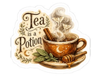 Cozy Moon Tea Cup Sticker | Honey Cinnamon Herbal Art (Kiss-Cut Vinyl)