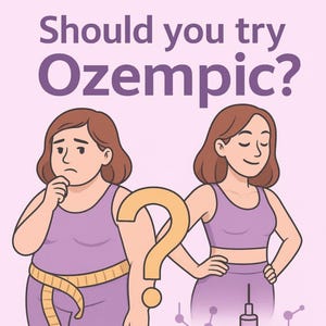 Peut inclure: Illustration avec le texte "Should you try Ozempic? Everything you need to know." Elle représente deux femmes, l'une avec un mètre ruban et un point d'interrogation, et une seringue avec l'étiquette "Ozempic."