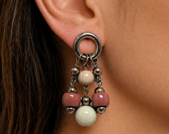 Vtg 90s Earrings Boho Beaded Chain Dangle 2" Pierced Fringe Earthy Nomad Indie