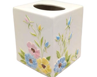 Vtg 80s Ceramic Tissue Box Cover 3D Pastel Flower Bouquet Cube Cottage Granny