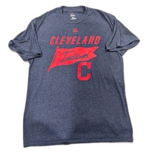 May include: A grey t-shirt featuring the text "CLEVELAND Indians" in red. The shirt has a crew neck and short sleeves. The word "Indians" is written on a red flag.