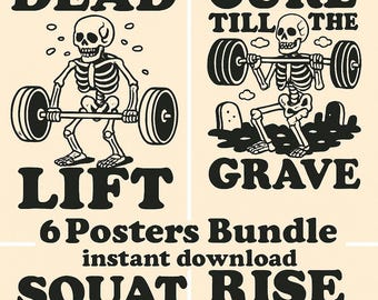 Pósters de Skeleton Gym: Arte vintage de levantamiento de pesas, decoración divertida de Halloween (Descarga digital - 4 proporciones)