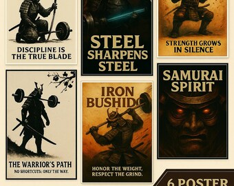 Pósters de motivación para gimnasios samuráis: Arte fitness de guerreros bushido (7 impresiones digitales)
