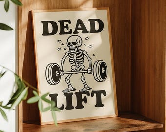 Póster de gimnasio con peso muerto de esqueleto: Arte divertido de levantamiento de pesas - Decoración retro de fitness