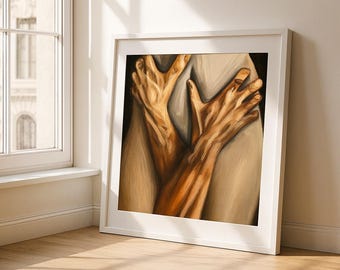 Lienzo "Abrazo de manos" / Arte lineal abstracto de pareja, impresión emocional