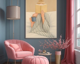 Cozy Reading Nook Art Print – Minimalist Book Lover Illustration (Digital Download)