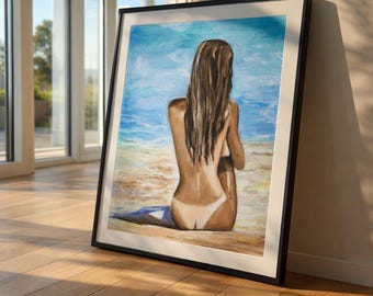 Impresión de pintura de mujer en la playa: elegante arte mural de desnudo femenino. Arte figurativo costero para dormitorio, sala de estar y decoración moderna del hogar.
