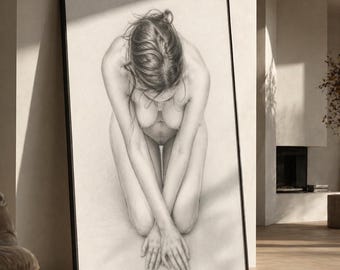 Sensual Nude Woman Wall Art Canvas, Female Figure Sketch, Elegant Erotic Line Art, Modern Bedroom Decor, Intimate Feminine Artwork Print