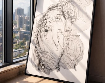 Impresión de pareja con arte de línea íntima: arte mural abstracto con bocetos eróticos, decoración moderna para dormitorio