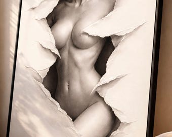Lienzo con imagen sensual de mujer desnuda, arte erótico para pared con efecto de papel rasgado, impresión de cuerpo femenino con ilusión 3D, decoración sexy para dormitorio en blanco y negro.