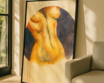 Lámina artística abstracta de mujer desnuda / Figura dorada, decoración bohemia