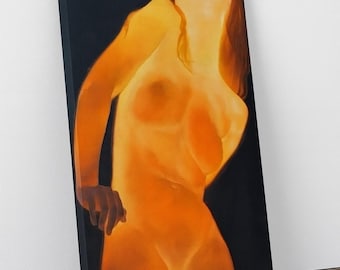 Lienzo de figura desnuda dorada / Arte corporal femenino abstracto / Decoración de pared sensual moderna / Impresión de pintura de figura colorida
