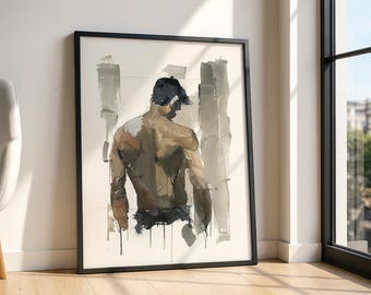 Impresión de torso masculino en acuarela – Arte minimalista moderno (Descarga digital)