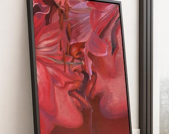 Lienzo abstracto rojo con besos / Arte mural moderno para amantes sensuales