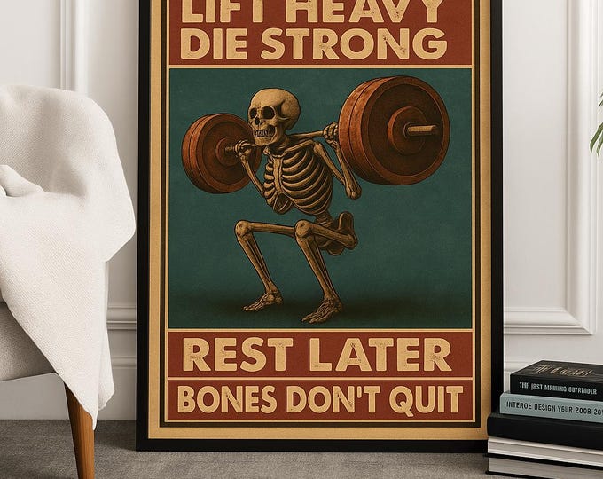 Poster d'haltérophilie squelette, soulever des poids lourds et mourir, décoration de salle de sport vintage