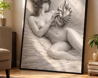 Lámina decorativa de pared con concha marina y mujer desnuda sensual, póster de figura femenina erótica, decoración de dormitorio en blanco y negro, lámina de arte mate minimalista moderna.