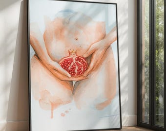 Impresión artística de acuarela de cuerpo femenino • Arte mural con simbolismo de granada • Póster de desnudo femenino • Decoración de dormitorio minimalista bohemia • Descarga digital