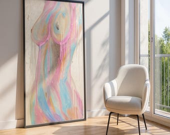 Impresión artística de figura desnuda en colores pastel / Pintura corporal abstracta con goteo