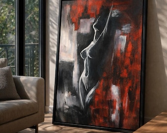 Lámina de arte mural de desnudo sensual: figura femenina abstracta erótica, arte moderno en rojo y negro melancólico, decoración íntima para el dormitorio y el hogar.