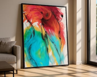 Impresión artística abstracta de desnudo, arte mural de figura femenina colorida, pintura figurativa moderna, descarga digital sensual contemporánea