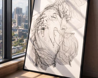 Póster de pareja con arte lineal abstracto, arte mural con bocetos emocionales, dibujo minimalista en blanco y negro, decoración moderna para dormitorio, impresión artística mate.