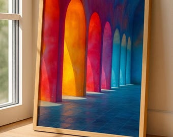 Impresión abstracta en lienzo de arcos coloridos / Arte mural vertical moderno