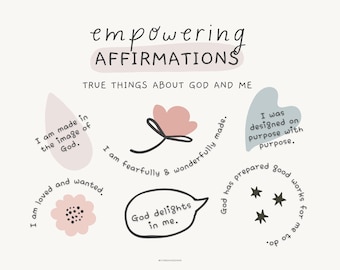 Könnte beinhalten: Ein hellbeiger Druck mit den Worten "ermächtigende Affirmationen" und "wahre Dinge über Gott und mich". Das Bild enthält Blumen- und Herzformen mit Affirmationen wie "Ich bin geliebt und gewollt" und "Gott freut sich an mir."