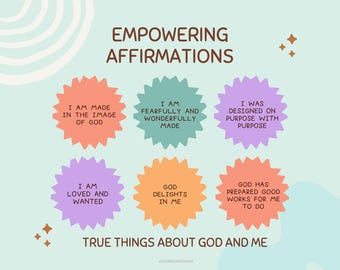 Könnte beinhalten: Ein inspirierendes Poster mit dem Text "Ermächtigende Affirmationen" und "Wahre Dinge über Gott und mich". Sechs farbige Sternausbrüche enthalten positive Affirmationen wie "Ich bin nach dem Bild Gottes geschaffen."