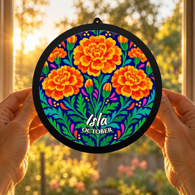 Loading Gift Window Folk Art Marigold Birth Flower Suncatcher | Personalized October ...