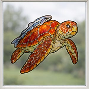 Loggerhead Turtle Window Cling, Stained Glass Look Window Decal, Sea Life Static Cling Film, No Adhesive Coastal Kitchen Window Art