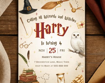 May include: A vintage-style invitation with the text "Calling all Wizards and Witches" and "Harry is turning 4". The design includes a black witch's hat, a broom, a golden snitch, an owl, and other magical elements.