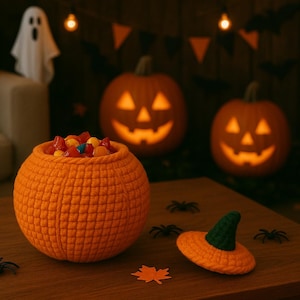 Puede incluir: Un cuenco naranja con forma de calabaza de ganchillo lleno de caramelos coloridos descansa sobre una mesa de madera. Un pequeño sombrero de bruja naranja con ala verde y arañas de plástico están cerca. Dos calabazas talladas brillan en el fondo, creando un tema de Halloween.
