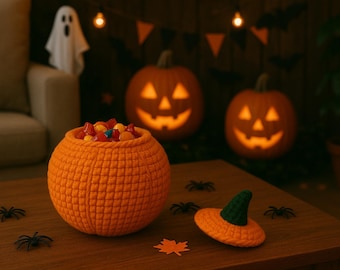 May include: An orange crocheted pumpkin-shaped candy bowl filled with colorful candies sits on a wooden table. A small orange witch hat with a green brim and plastic spiders are nearby. Two carved jack-o'-lanterns glow in the background, creating a Halloween theme.