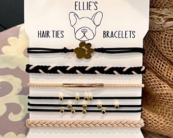 Paw Print Elastic Hair Tie Bracelet: Black and Tan Hair Band Accessory Bracelets