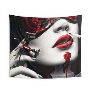Cyber Geisha Serie, Vampy Chic Indoor Wandteppich, Gothic Dekor, Boho Stil, Einzigartige Kunst Wandbehang, Rot Ästhetische Wohnkultur