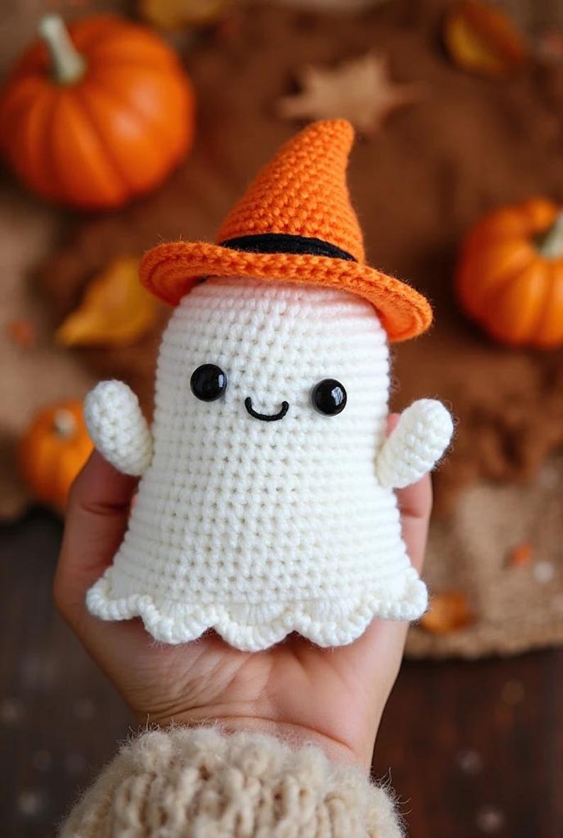Crochet Ghost Plush With Witch Hat, Halloween Stuffed Animal, Handmade ...