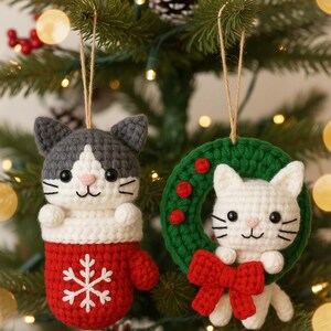 Christmas Cat Crochet Patterns | Cat Mitten & Wreath Ornament PDF