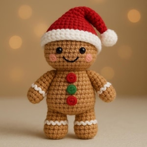 Patrón de ganchillo navideño: Peluche de hombre de jengibre (muñeco con gorro de Papá Noel)