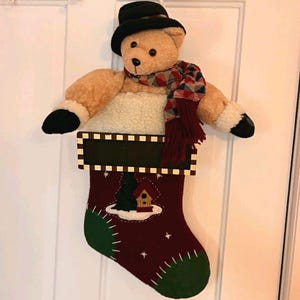 VTG Fairview Teddy Bear Christmas Stocking Plush 3D with Chalkboard Name Plate, Classic Christmas Stocking, Cottagecore