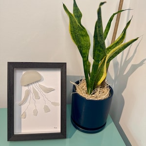 Sea Glass Jellyfish Art, White Jellyfish Wall Decor, Framed Ocean Art, Coastal Sea Life Illustration, Handmade Beach House Gift