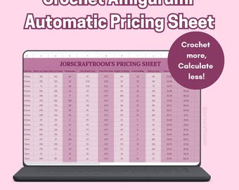 May include: A pink graphic promoting a crochet amigurumi automatic pricing sheet. The image shows a laptop displaying a spreadsheet, with text that reads "Instant Download On Google Sheets". A green Google Sheets icon is also present.