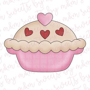 Könnte beinhalten: Ein rosa cupcake-förmiger Ausstecher mit gewelltem Rand. Die Oberseite des Cupcakes ist hellbraun mit drei roten Herzen und einem rosa Herz oben. Die Basis des Ausstechers ist rosa.