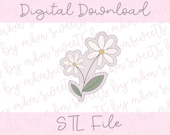 May include: A digital download image featuring a daisy flower cookie cutter design. The cutter has a white outline with a yellow center and green leaves. The text "Digital Download" and "STL File" are displayed in a script font.