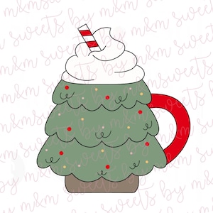 May include: A Christmas tree-shaped cookie cutter with a red handle. The tree is green with red and yellow dot decorations, topped with white whipped cream and a red and white striped straw.