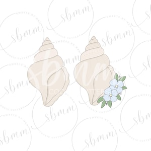 May include: Two beige seashell-shaped cookie cutters with a spiral design. One shell is plain, while the other features a decorative cluster of three light blue flowers with green leaves attached to the lower right side of the shell structure.