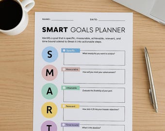 May include: A "SMART Goals Planner" sheet on a wooden desk, with a cup of coffee, glasses, a pen, and a laptop. The planner includes sections for Specific, Measurable, Attainable, Relevant, and Time-bound goals.