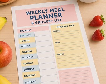 May include: A weekly meal planner and grocery list with a pink and yellow design. The planner includes sections for each day of the week and a grocery list with produce, dairy, and pantry sections. Fresh fruit and a cup of coffee are also visible.