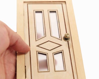 1:22 Scale Miniature Wooden Door with Hinges and Translucent Panels.