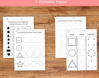 Può includere: Fogli di attività stampabili bianchi con esercizi di tracciatura e abbinamento di forme. I fogli includono forme come quadrati, cerchi, triangoli e stelle. Il testo "SHAPES ACTIVITY SHEETS" e "7 Printable Pages" è in alto. Il testo in basso recita "Instant Download | Available in US Letter Sizes".